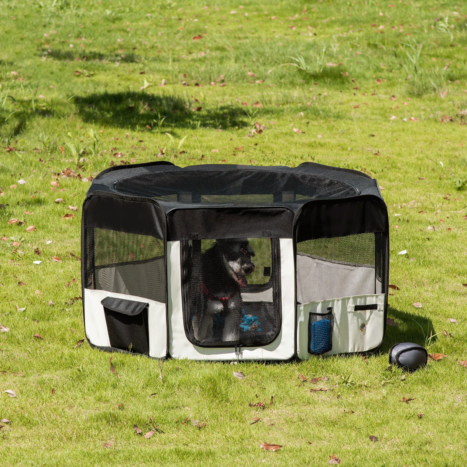 Parque para animais de estimação dobrável com 2 portas e almofada tecido oxford ø120x58 cm preto