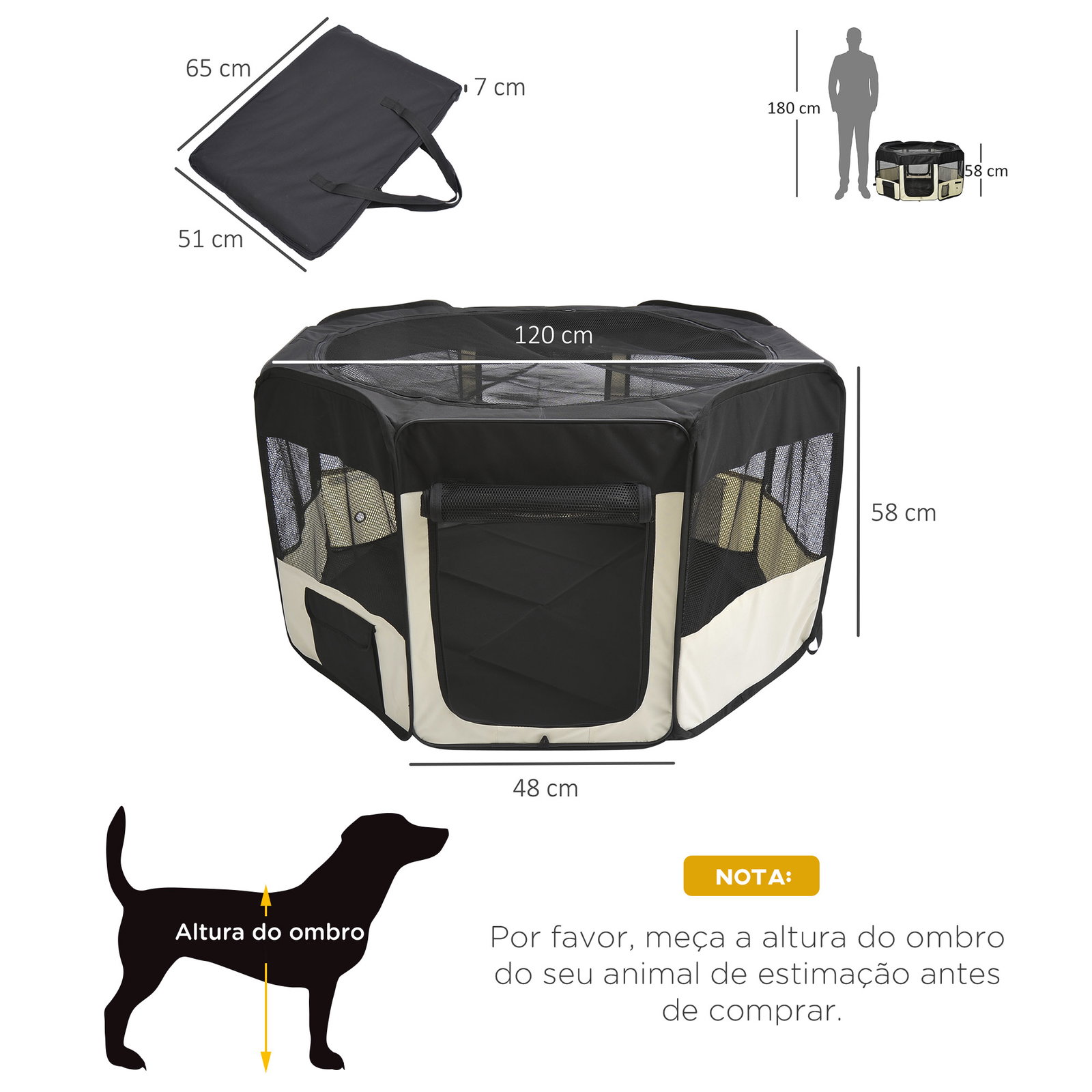 Parque para animais de estimação dobrável com 2 portas e almofada tecido oxford ø120x58 cm preto