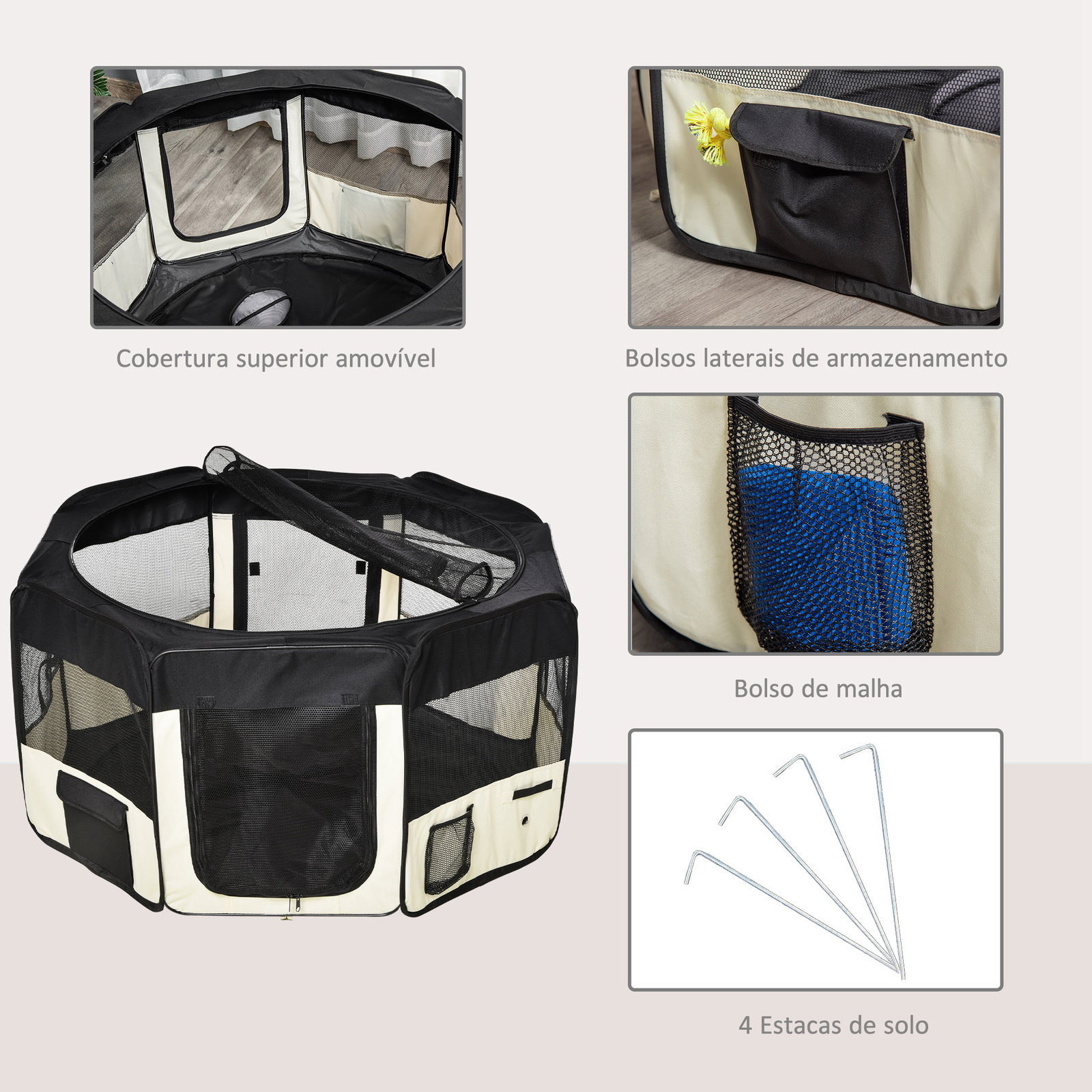 Parque para animais de estimação dobrável com 2 portas e almofada tecido oxford ø120x58 cm preto