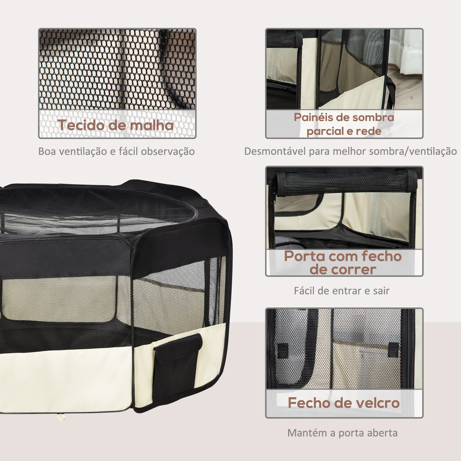 Parque para animais de estimação dobrável com 2 portas e almofada tecido oxford ø120x58 cm preto
