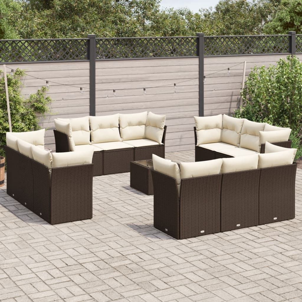 13 Pcs conjunto sofás p/ jardim c/ almofadões vime PE castanho