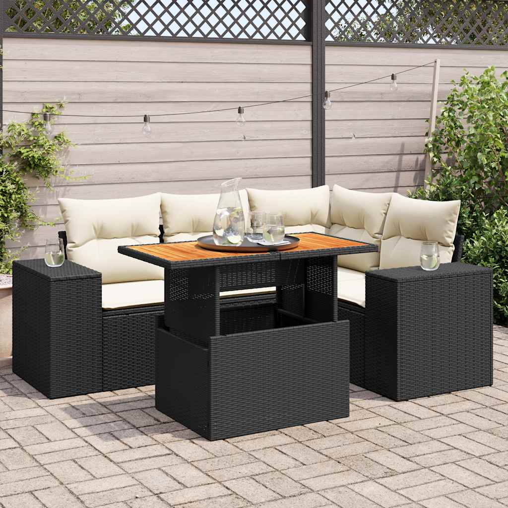 5 Pcs conjunto sofás de jardim com almofadões vime PE preto