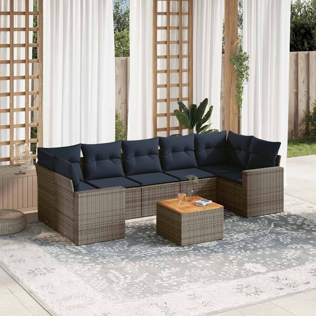 8 Pcs conjunto sofás p/ jardim c/ almofadões vime PE cinzento