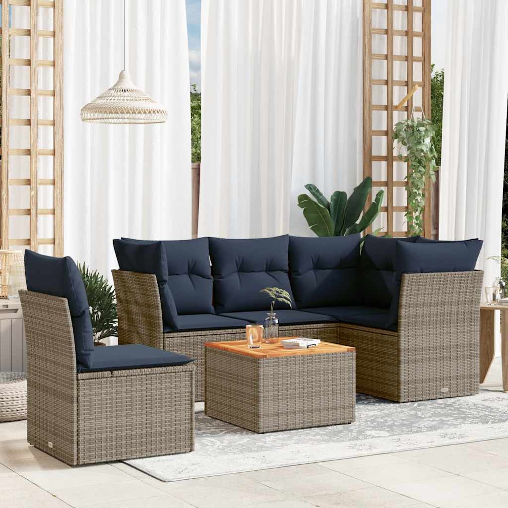 6 Pcs conjunto sofás p/ jardim c/ almofadões vime PE cinzento