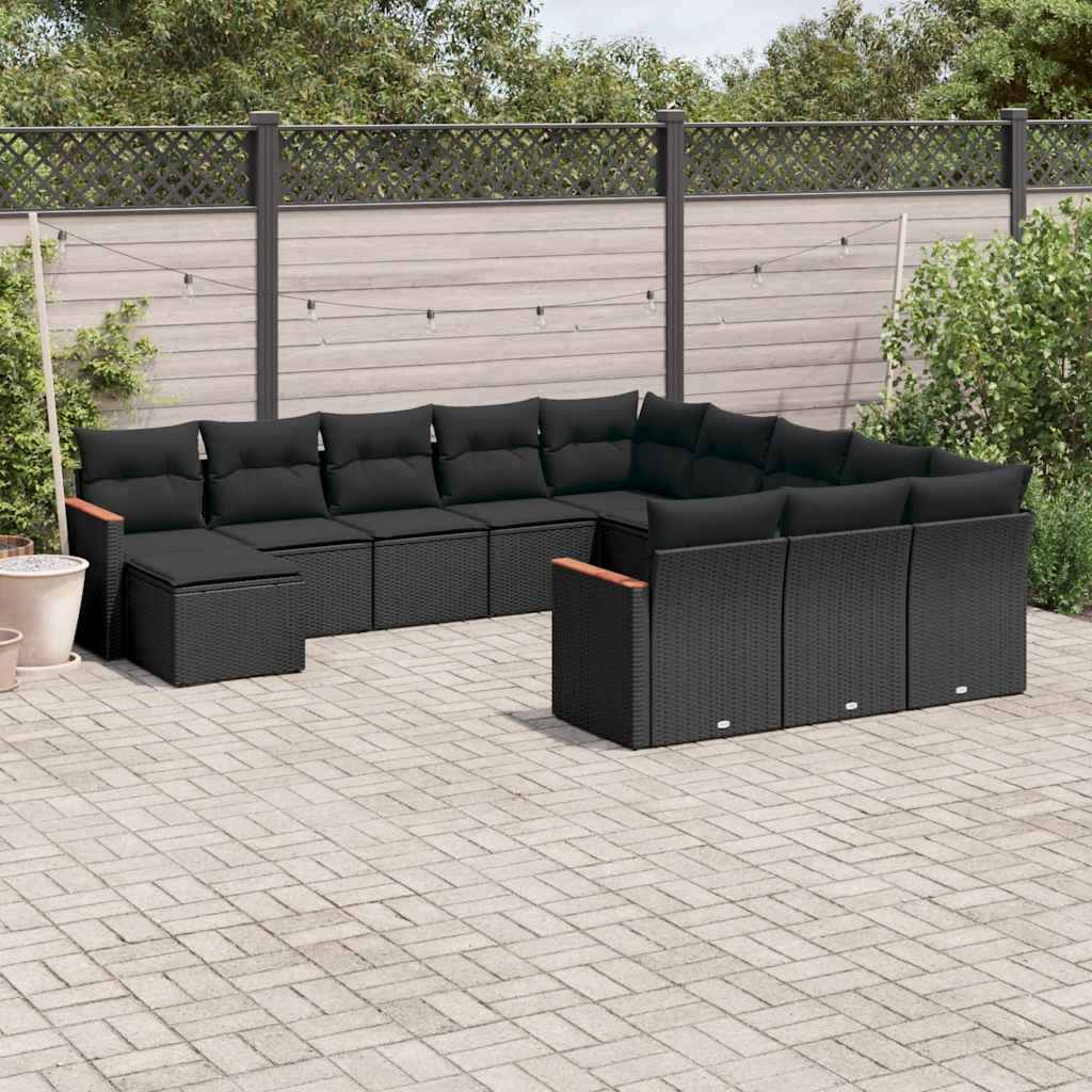 12 Pcs conjunto de sofás de jardim c/ almofadões vime PE preto