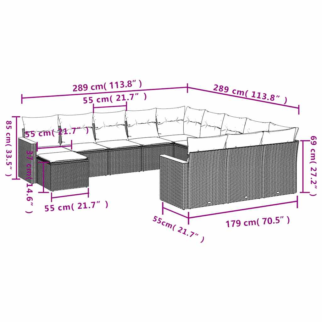 12 Pcs conjunto de sofás de jardim c/ almofadões vime PE preto