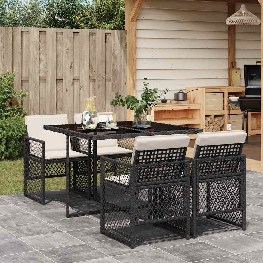 5 Pcs conjunto de jantar p/ jardim c/ almofadões vime PE preto