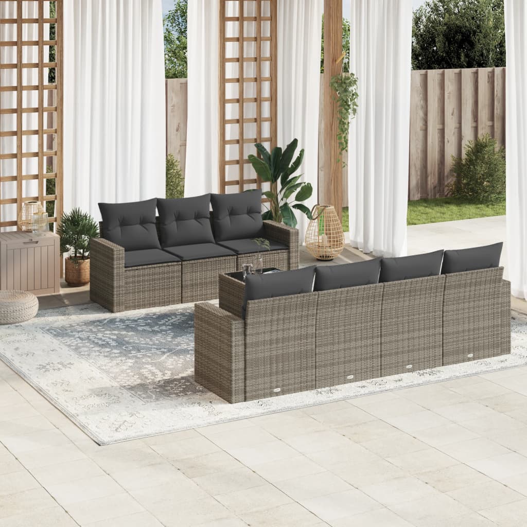 8 Pcs conjunto sofás de jardim c/ almofadões vime PE cinzento