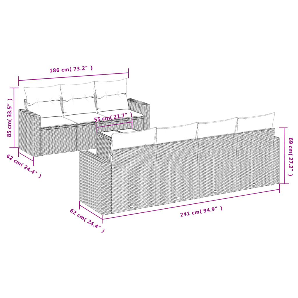 8 Pcs conjunto sofás de jardim c/ almofadões vime PE cinzento