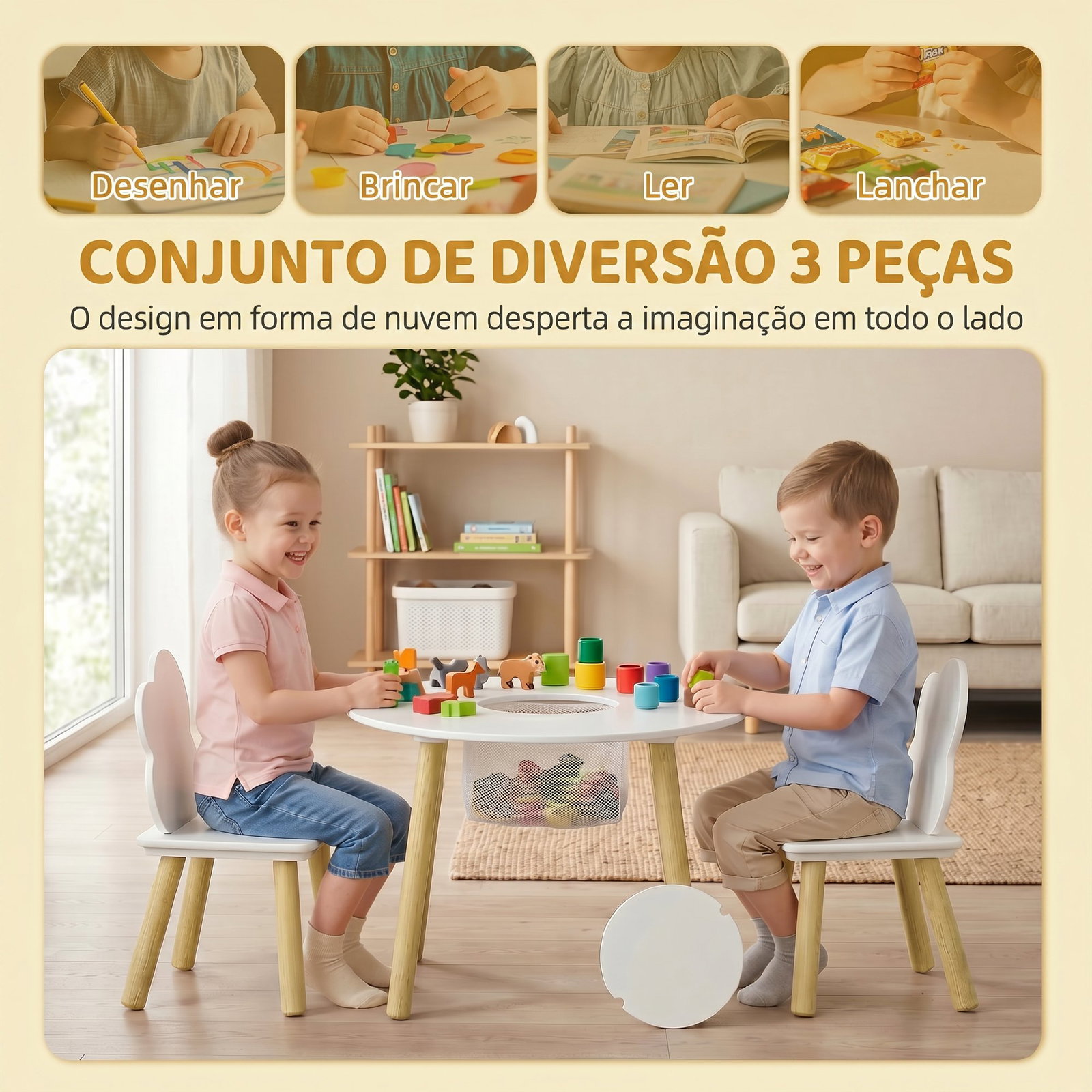 Mesa infantil com 2 cadeiras e saco de rede tema nuvem para crianças dos 3 aos 6 anos creche sala de aula branco