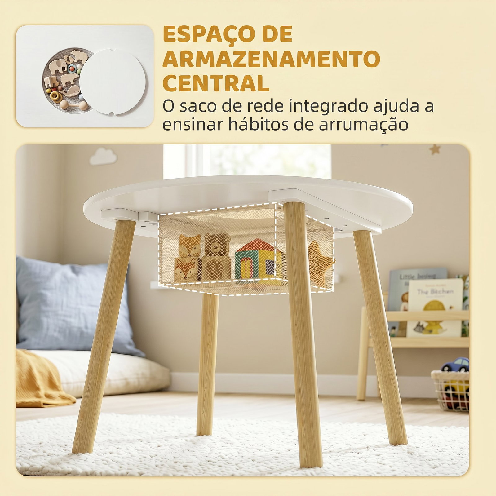 Mesa infantil com 2 cadeiras e saco de rede tema nuvem para crianças dos 3 aos 6 anos creche sala de aula branco