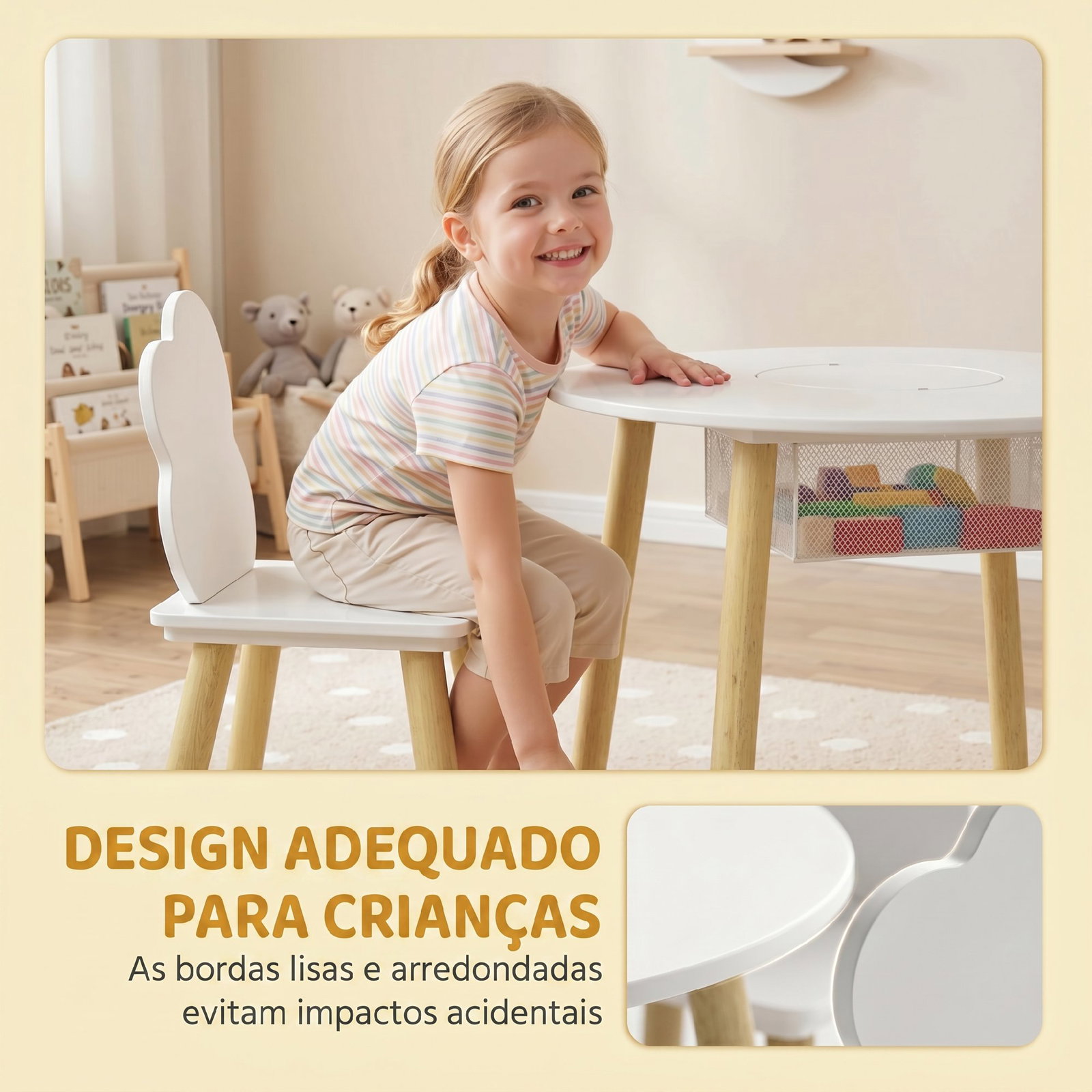 Mesa infantil com 2 cadeiras e saco de rede tema nuvem para crianças dos 3 aos 6 anos creche sala de aula branco