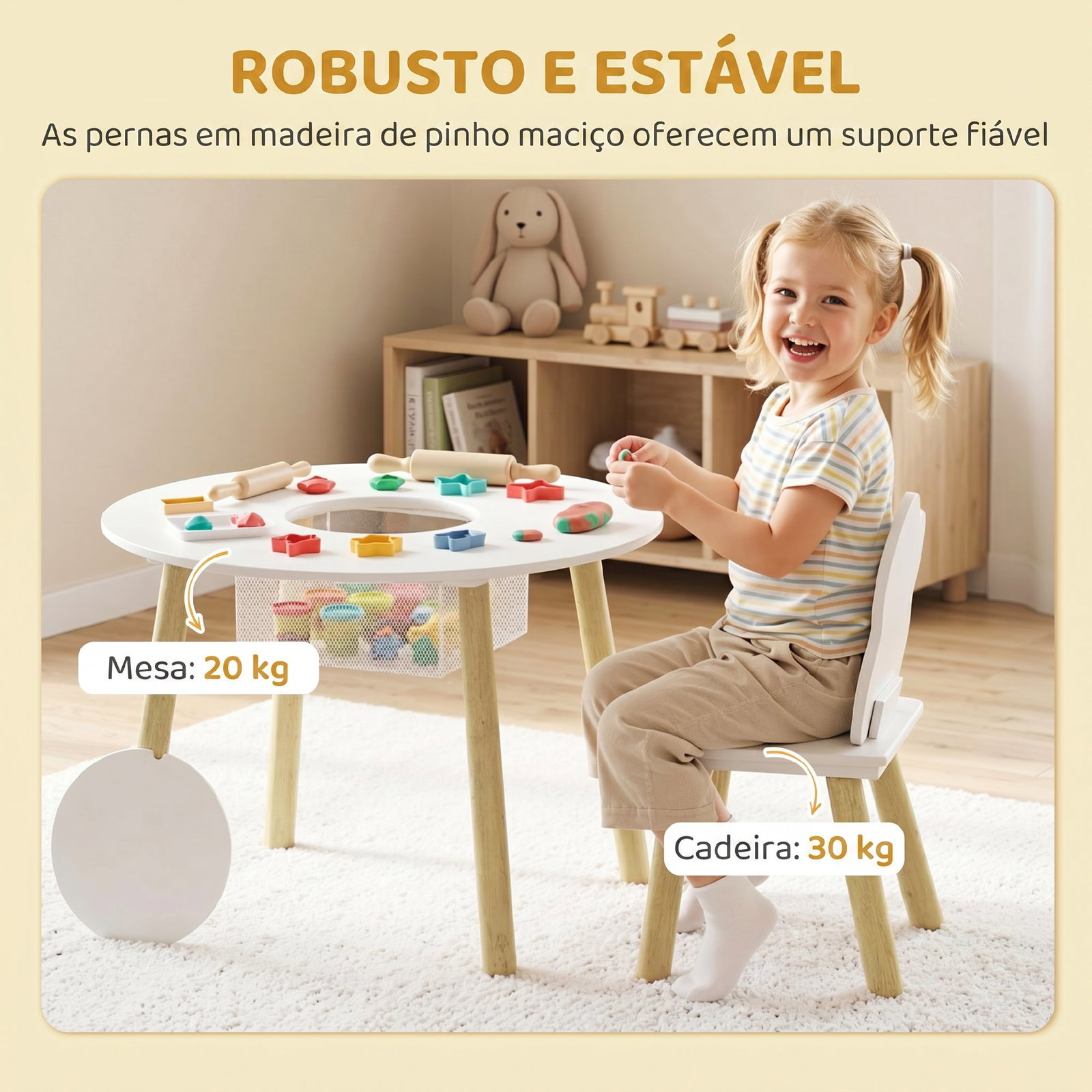 Mesa infantil com 2 cadeiras e saco de rede tema nuvem para crianças dos 3 aos 6 anos creche sala de aula branco