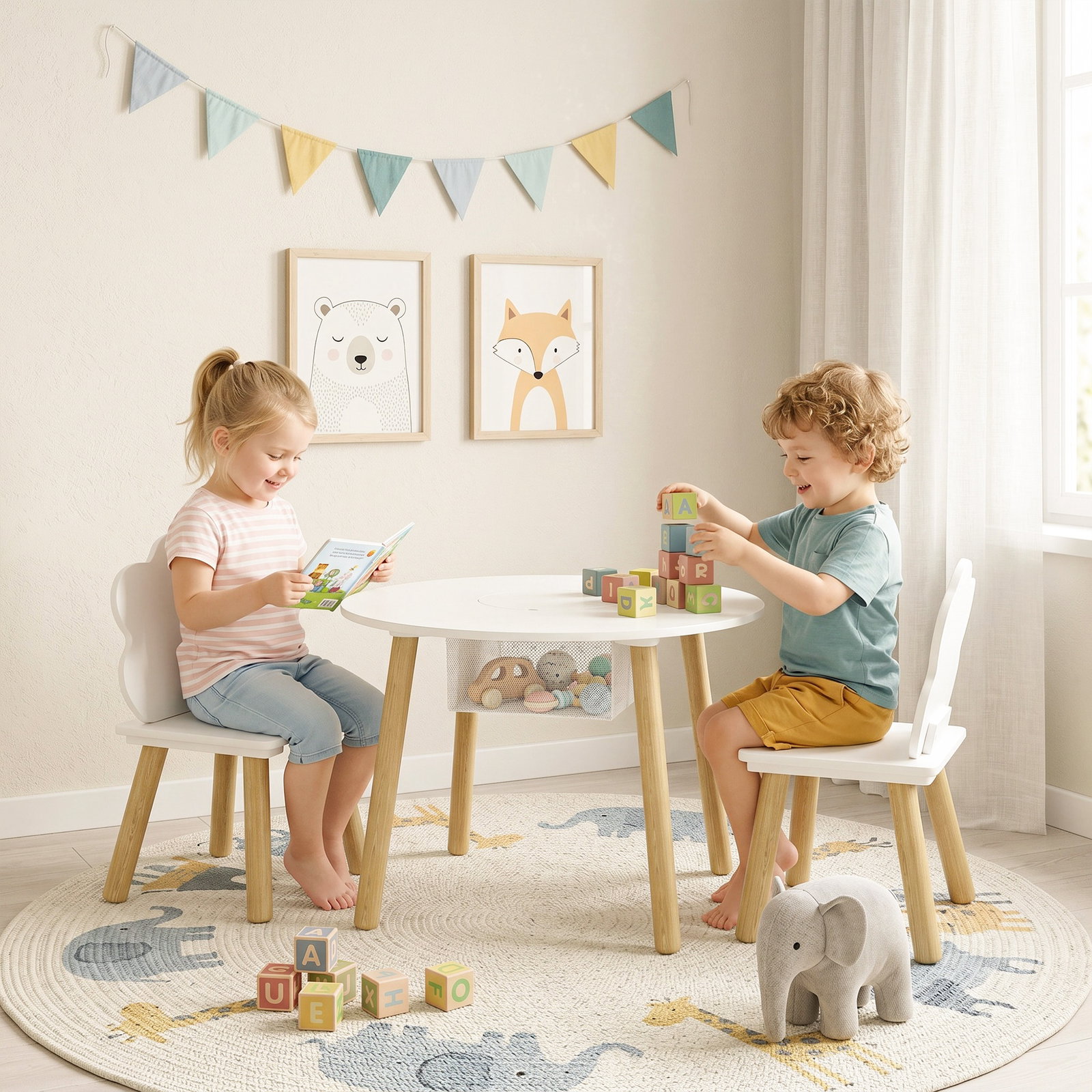 Mesa infantil com 2 cadeiras e saco de rede tema nuvem para crianças dos 3 aos 6 anos creche sala de aula branco