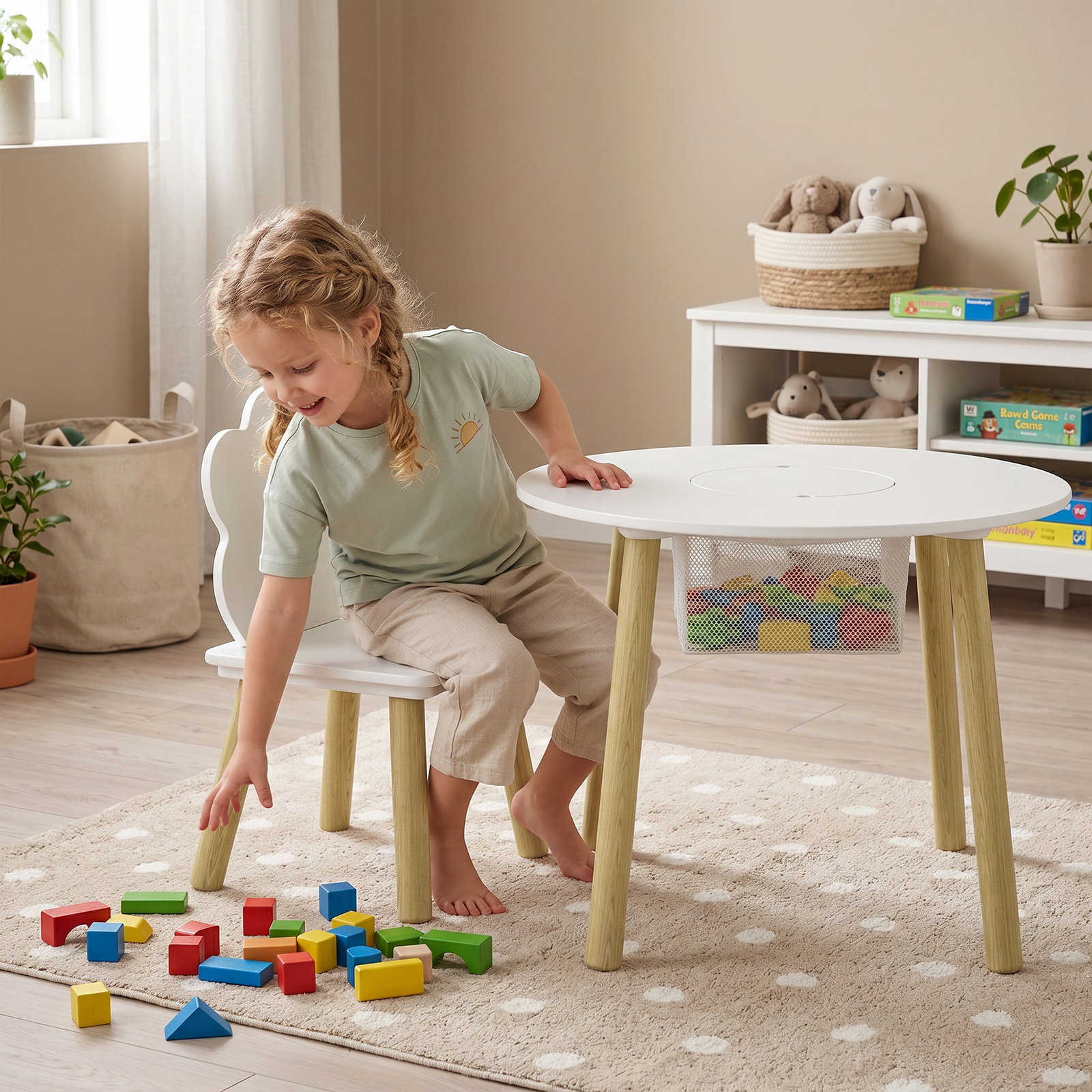 Mesa infantil com 2 cadeiras e saco de rede tema nuvem para crianças dos 3 aos 6 anos creche sala de aula branco