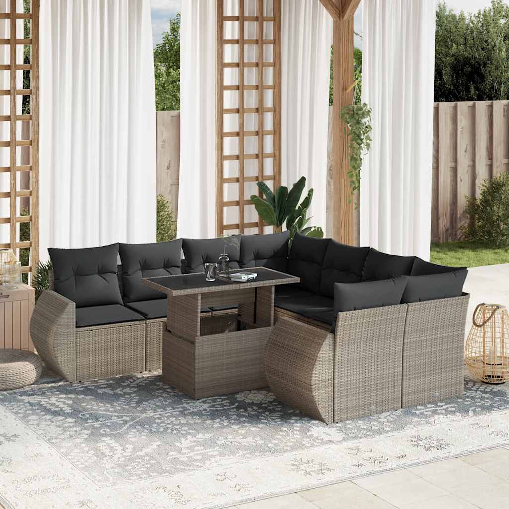 9 Pcs conj. sofás jardim com almofadões vime PE cinzento-claro
