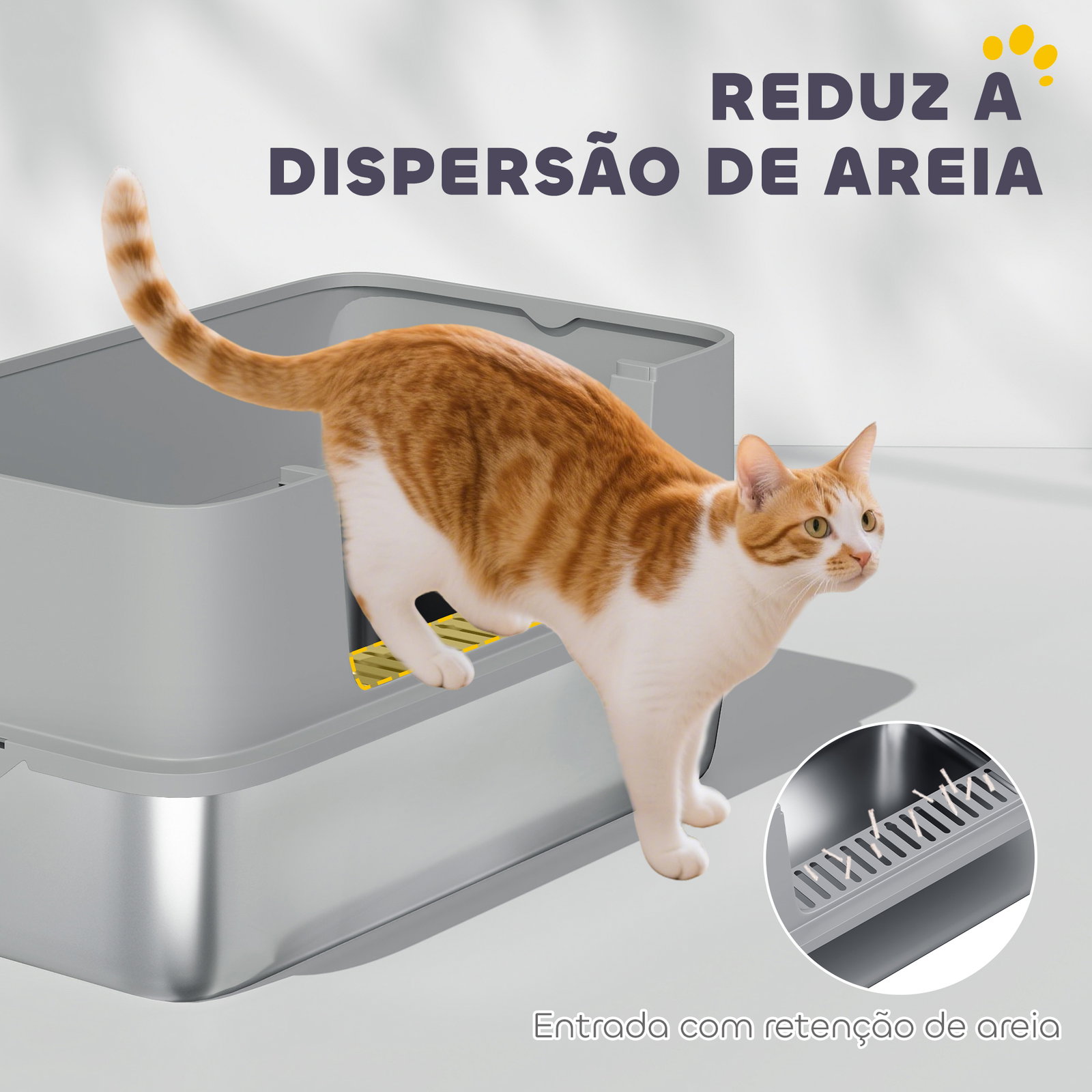 Caixa de areia para gatos em aço inoxidável xl caixa de areia para gatos com borda alta e pá 60x40x29,5 cm cinzento
