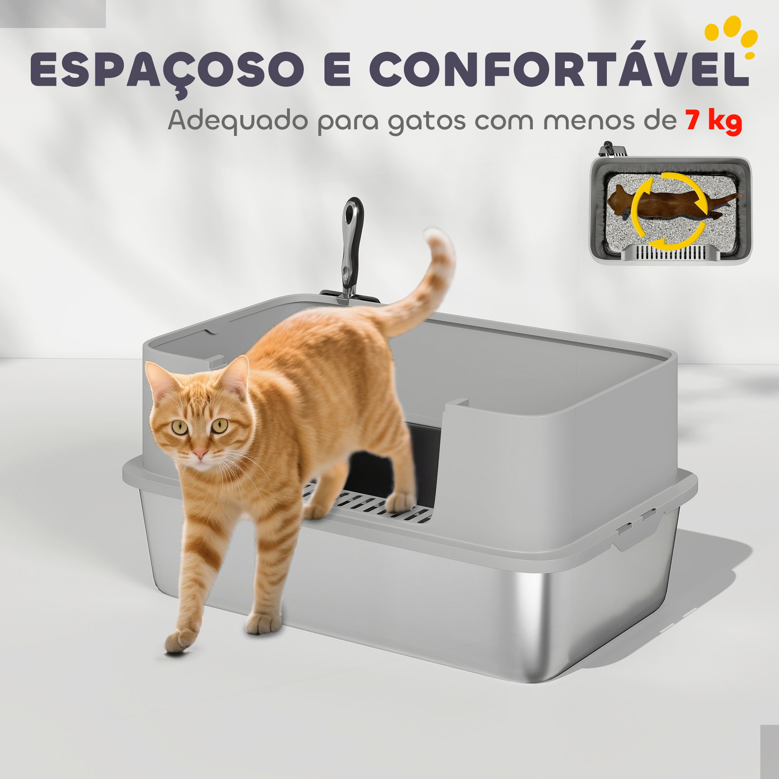 Caixa de areia para gatos em aço inoxidável xl caixa de areia para gatos com borda alta e pá 60x40x29,5 cm cinzento