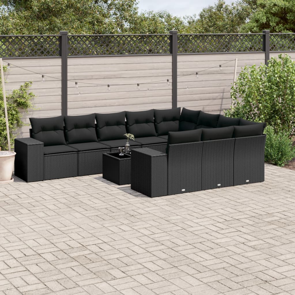 11 Pcs conjunto sofás de jardim c/ almofadões vime PE preto