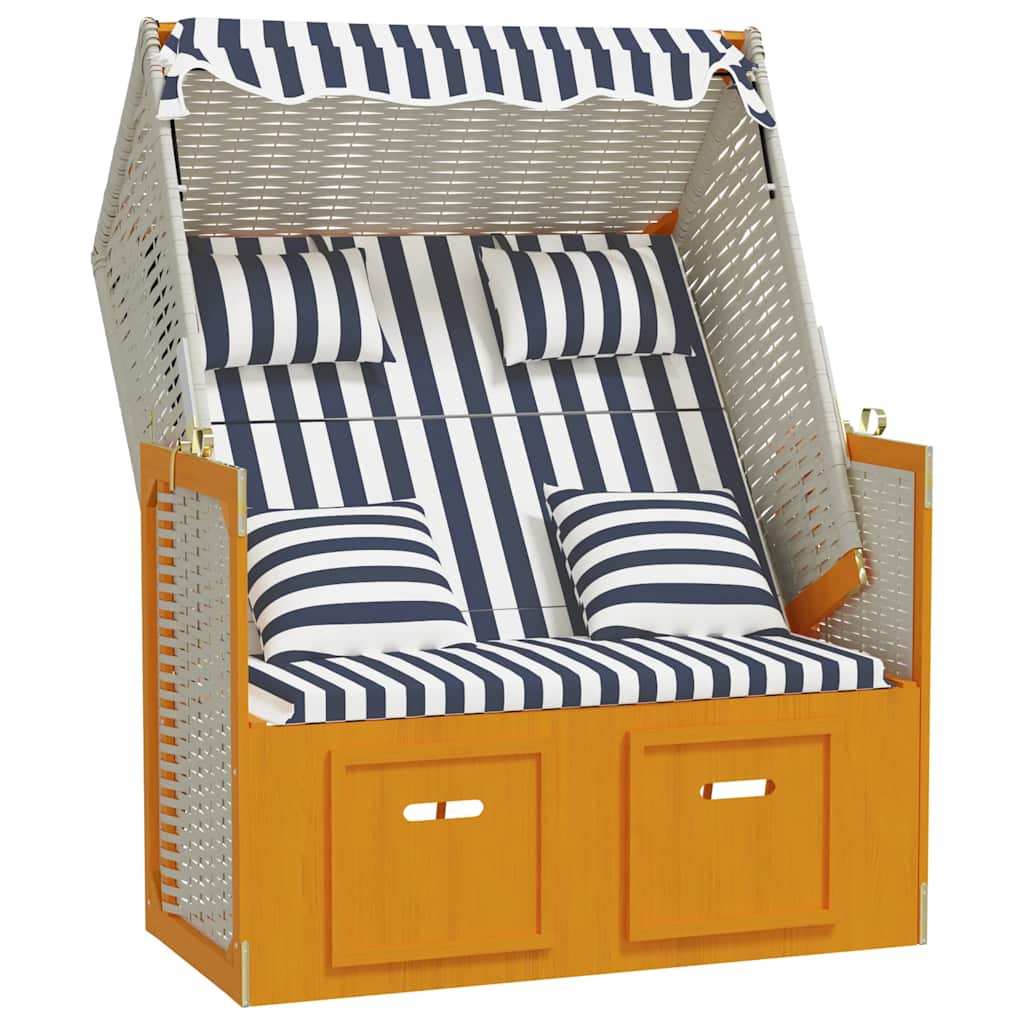Strandkorb com almofadões vime PE e madeira maciça branco/azul