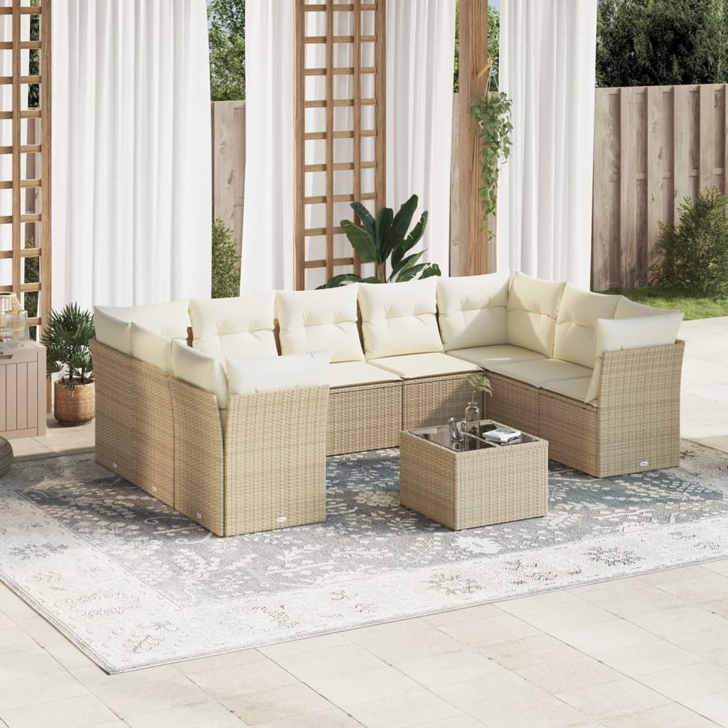 10 Pcs conjunto de sofás p/ jardim com almofadões vime PE bege