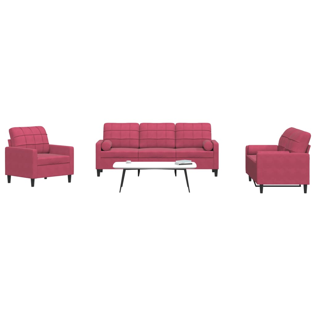 4Pcs conjunto sofás c/ almofadões e rolos veludo vermelho tinto