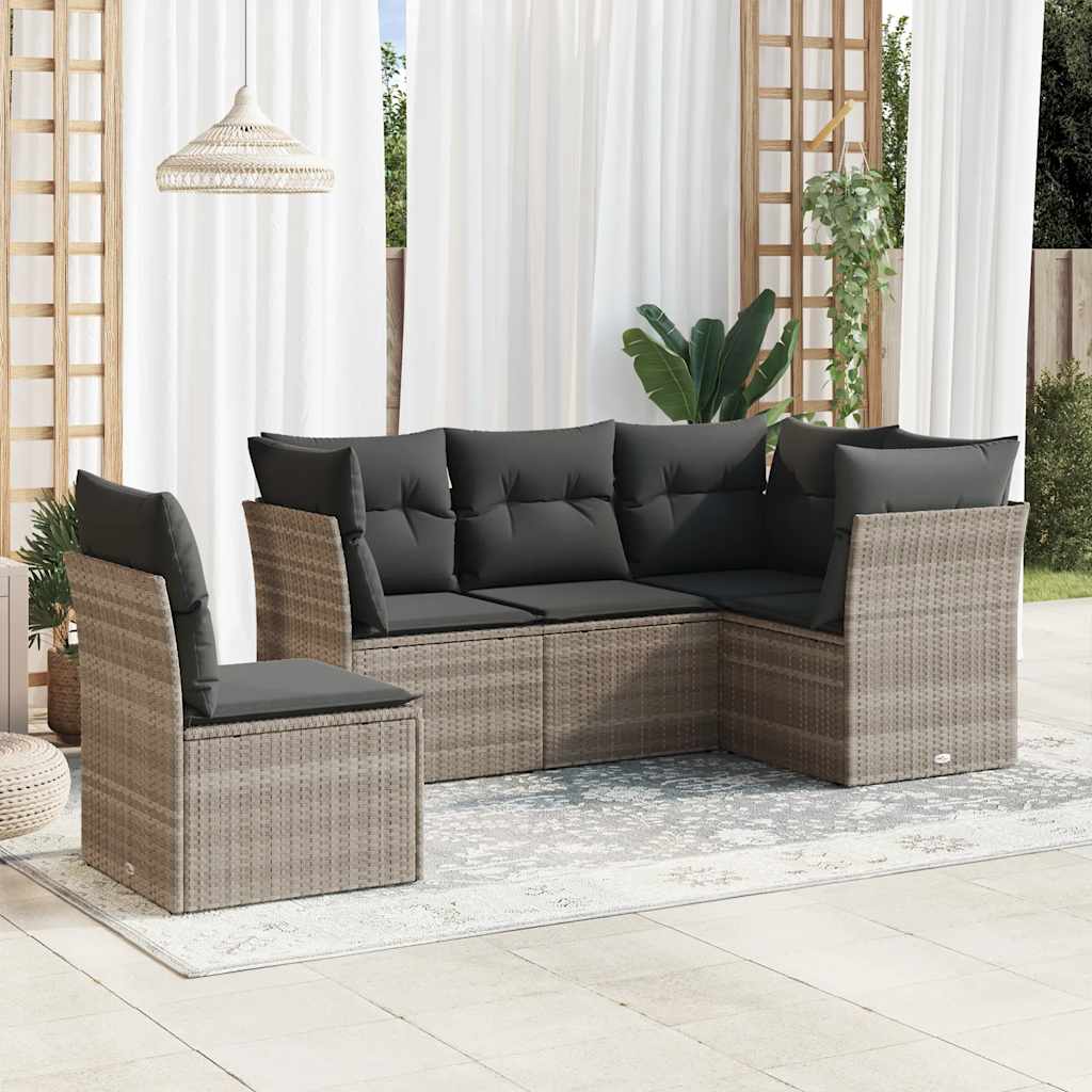 5 Pcs conj. sofás jardim c/ almofadões vime PE cinzento-claro