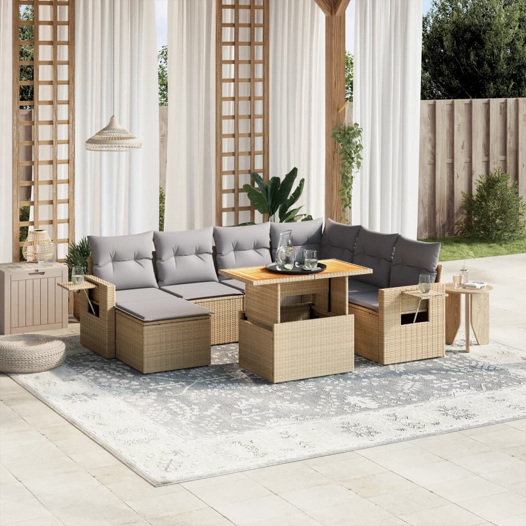 8 Pcs conjunto de sofás p/ jardim com almofadões vime PE bege