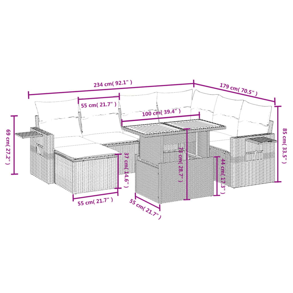 8 Pcs conjunto de sofás p/ jardim com almofadões vime PE bege