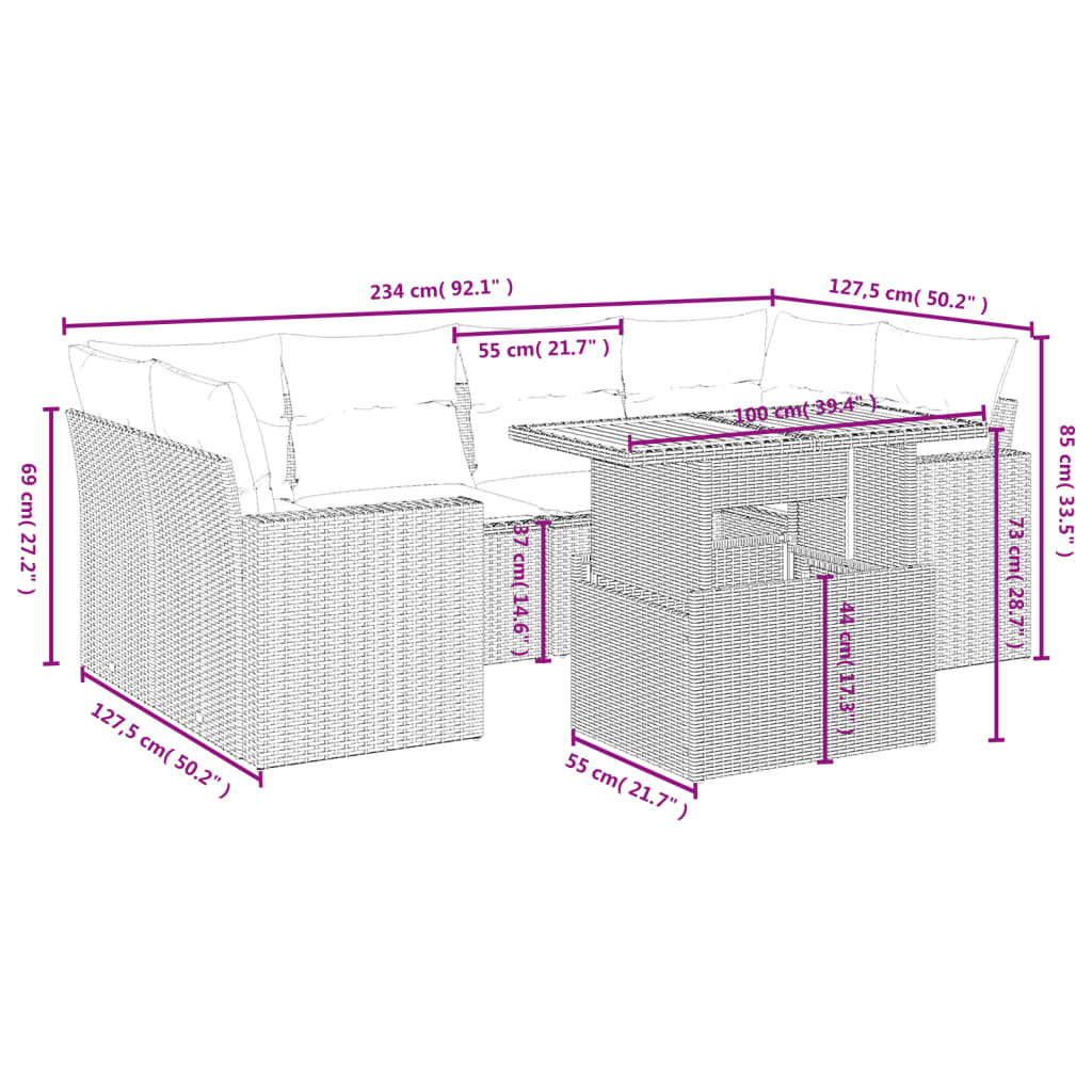 7 Pcs conjunto de sofás p/ jardim com almofadões vime PE bege