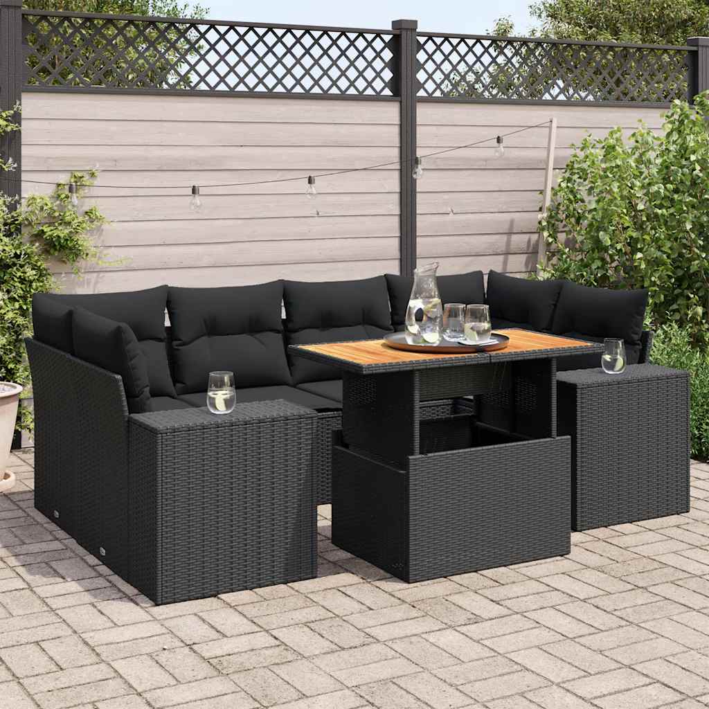 7 Pcs conjunto de sofás p/ jardim c/ almofadões vime PE preto