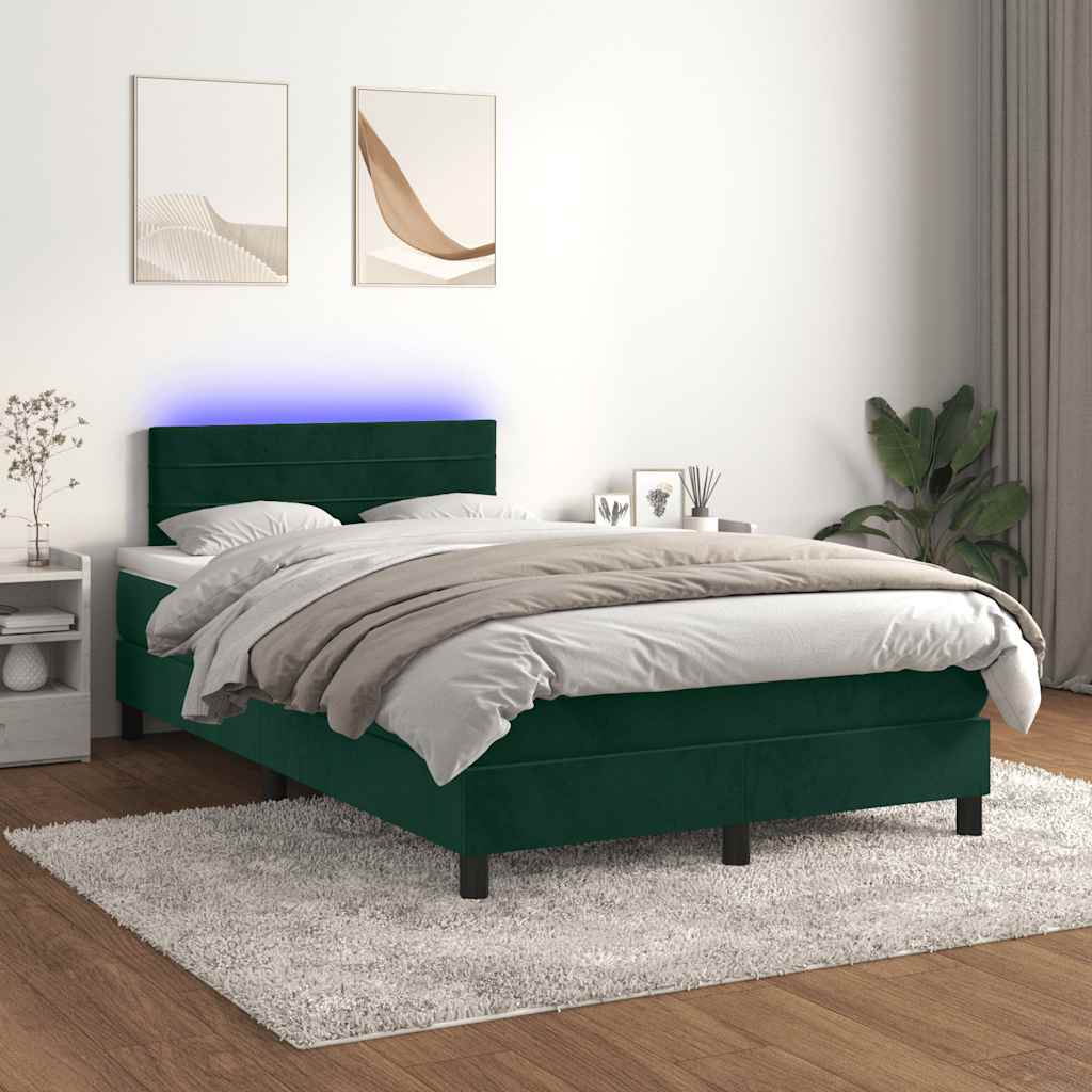 Cama box spring c/ colchão/LED 120x200 cm veludo verde-escuro