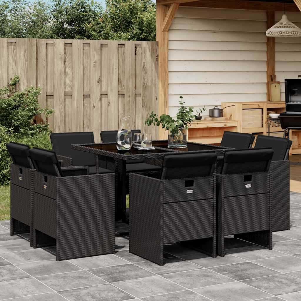 9 Pcs conjunto de jantar p/ jardim c/ almofadões vime PE preto