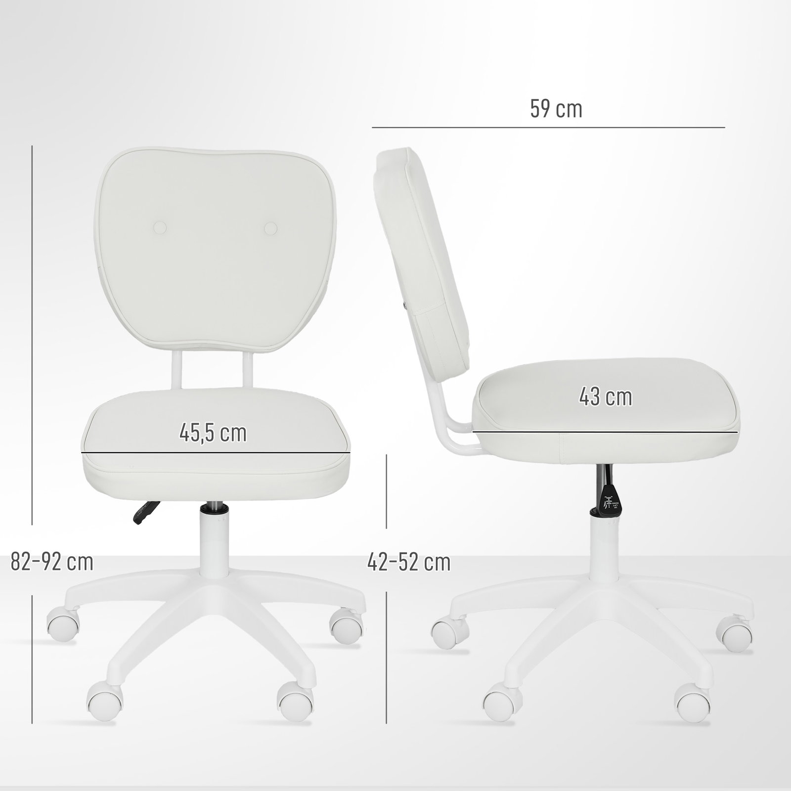 Cadeira de escritório estofada em pu com altura ajustável sem braços cadeira de estudo dormitório 46x59x82-92 cm branco
