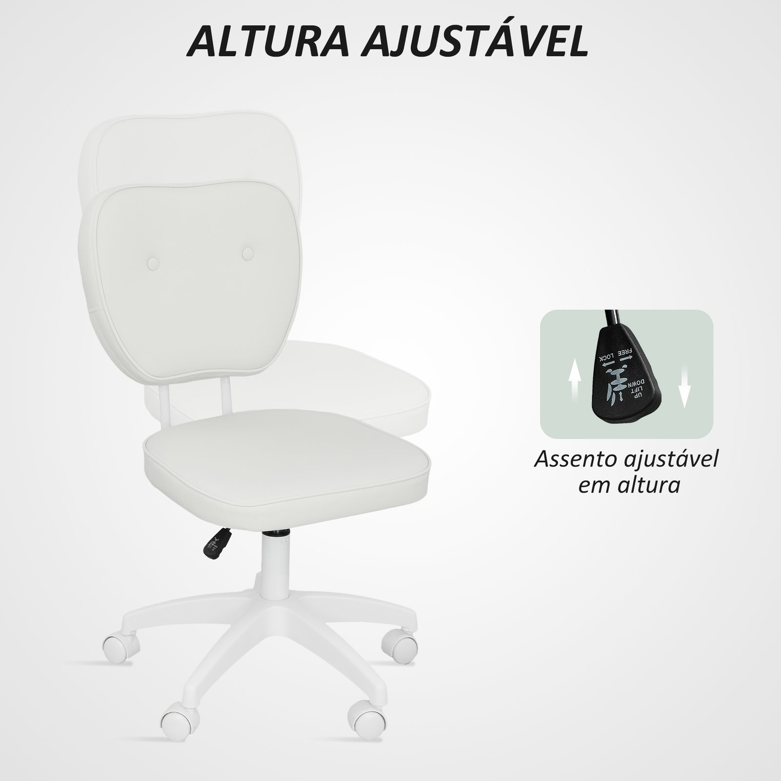 Cadeira de escritório estofada em pu com altura ajustável sem braços cadeira de estudo dormitório 46x59x82-92 cm branco