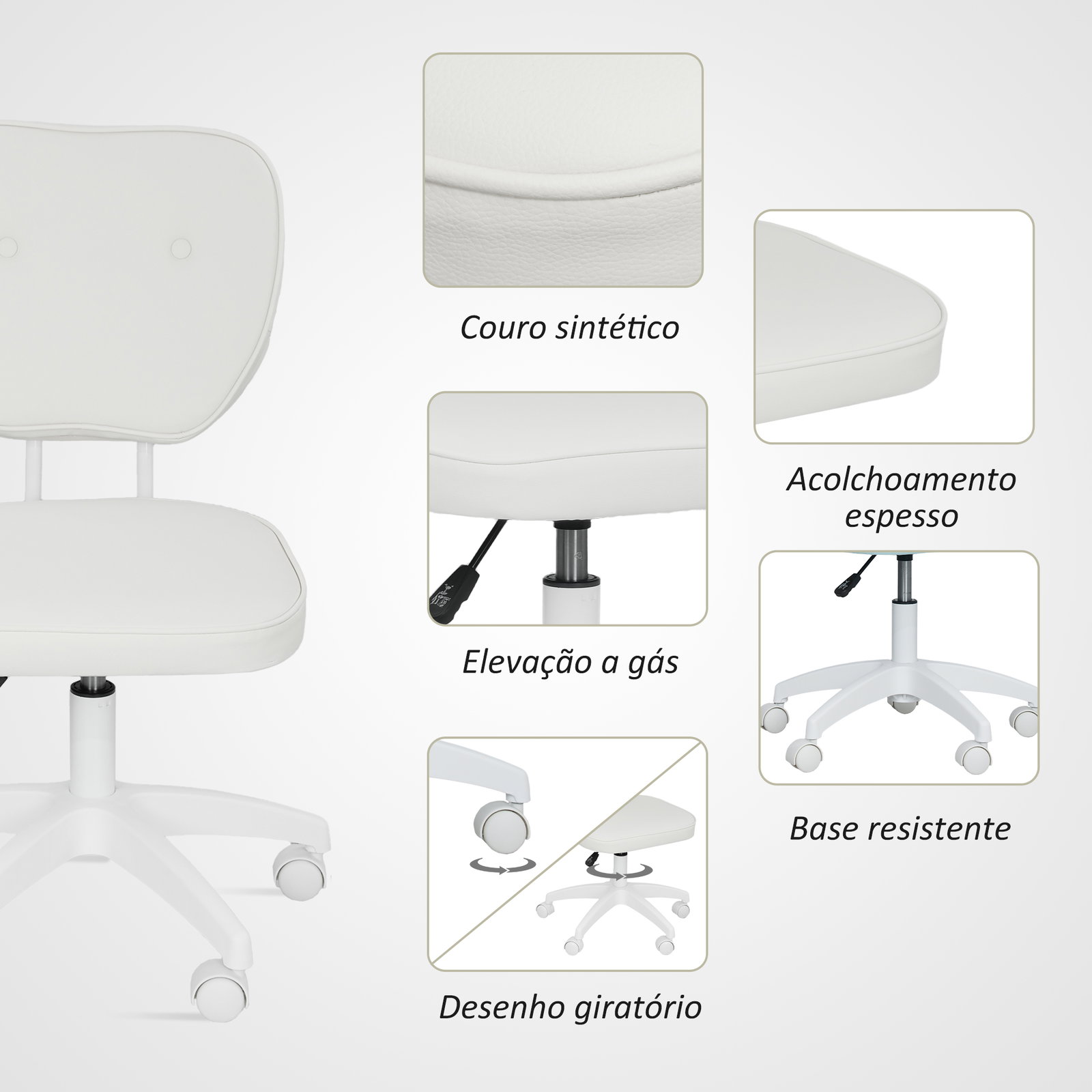 Cadeira de escritório estofada em pu com altura ajustável sem braços cadeira de estudo dormitório 46x59x82-92 cm branco