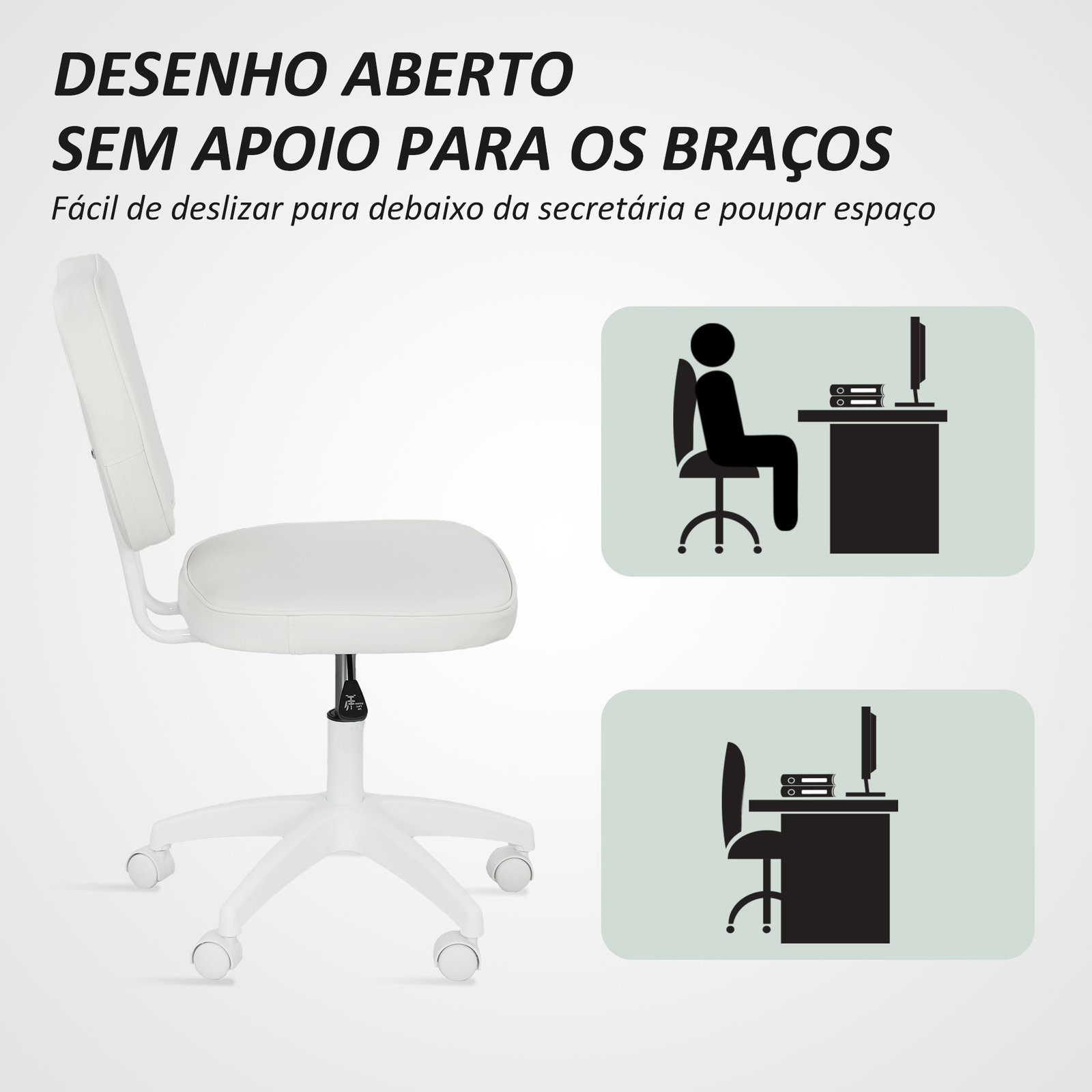 Cadeira de escritório estofada em pu com altura ajustável sem braços cadeira de estudo dormitório 46x59x82-92 cm branco