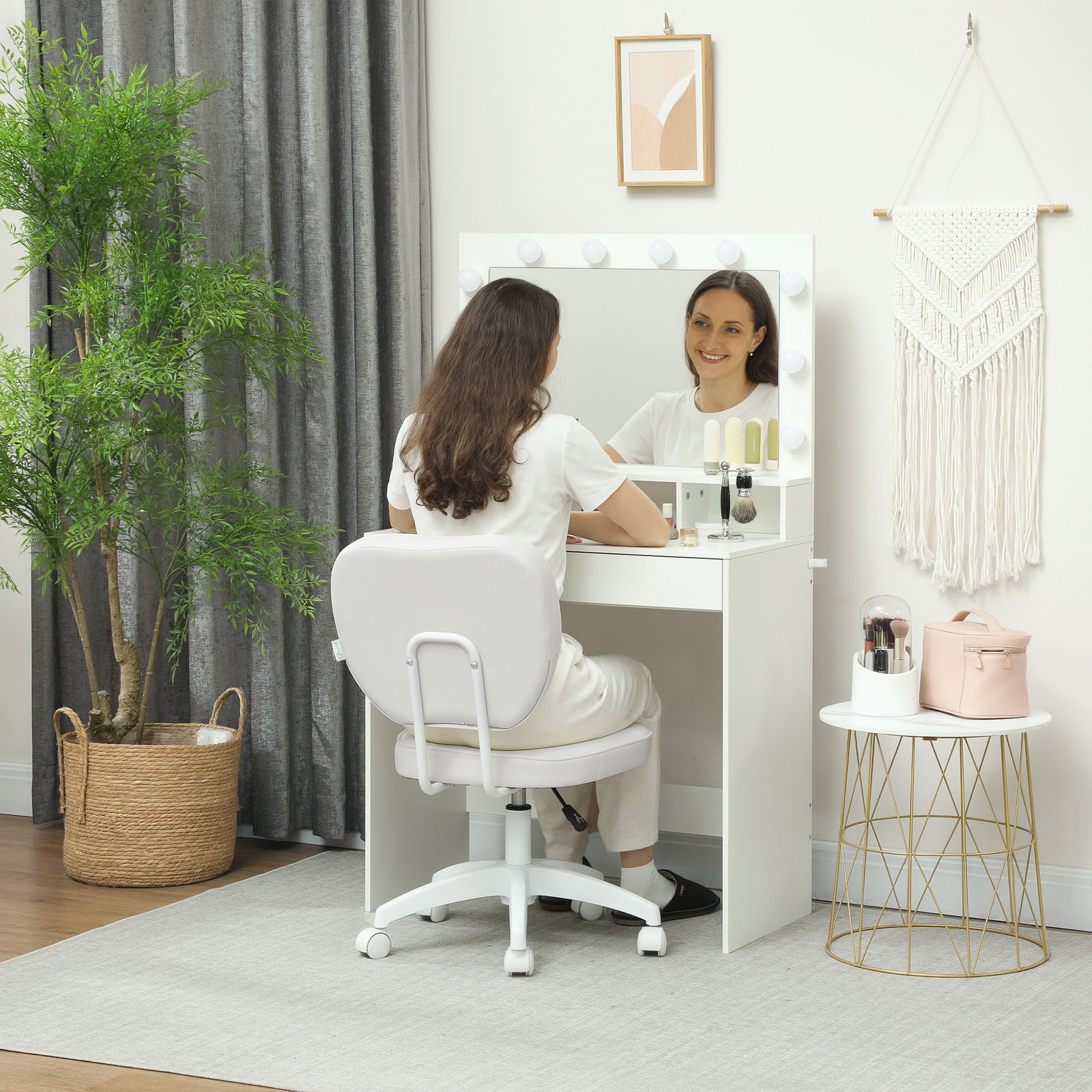 Cadeira de escritório estofada em pu com altura ajustável sem braços cadeira de estudo dormitório 46x59x82-92 cm branco