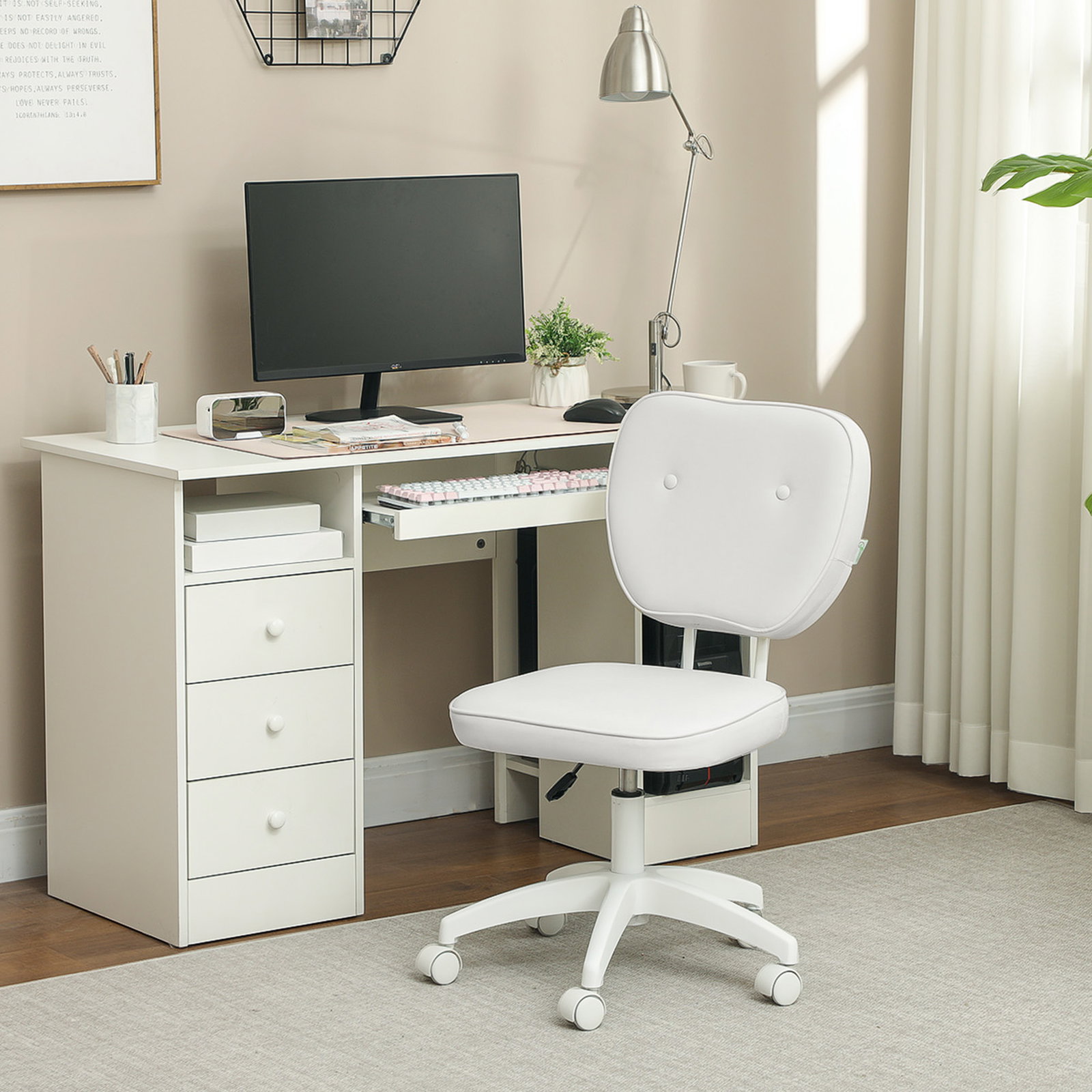 Cadeira de escritório estofada em pu com altura ajustável sem braços cadeira de estudo dormitório 46x59x82-92 cm branco
