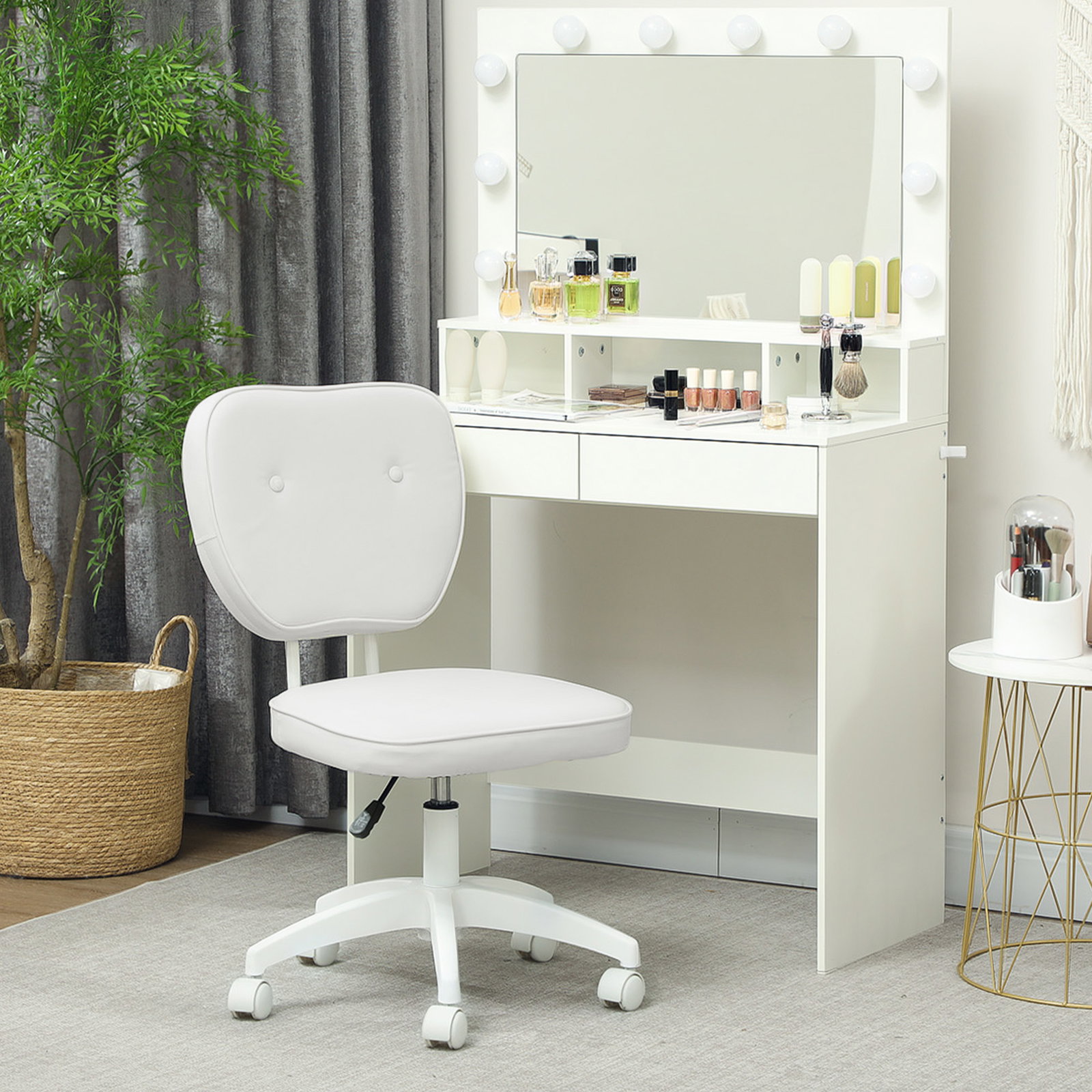 Cadeira de escritório estofada em pu com altura ajustável sem braços cadeira de estudo dormitório 46x59x82-92 cm branco