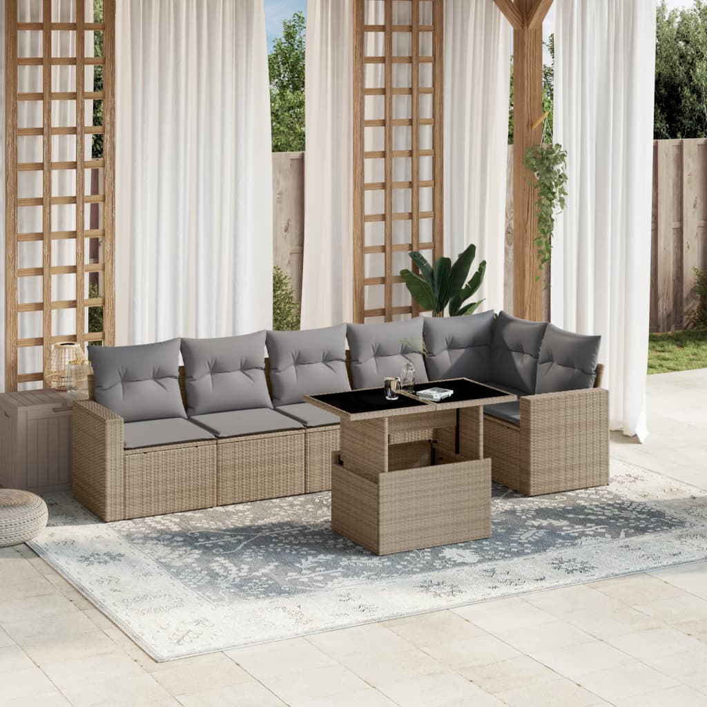 7 Pcs conjunto de sofás p/ jardim com almofadões vime PE bege