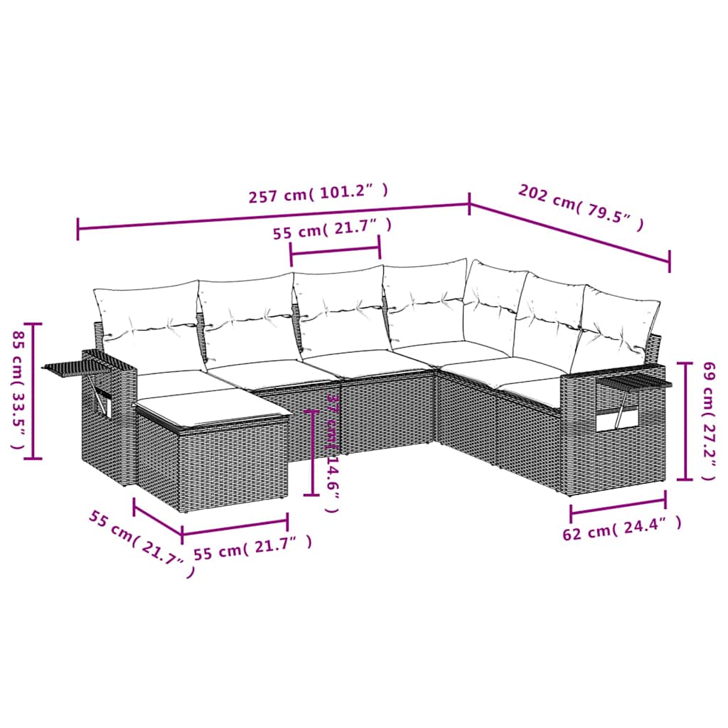 7 Pcs conjunto de sofás p/ jardim c/ almofadões vime PE preto