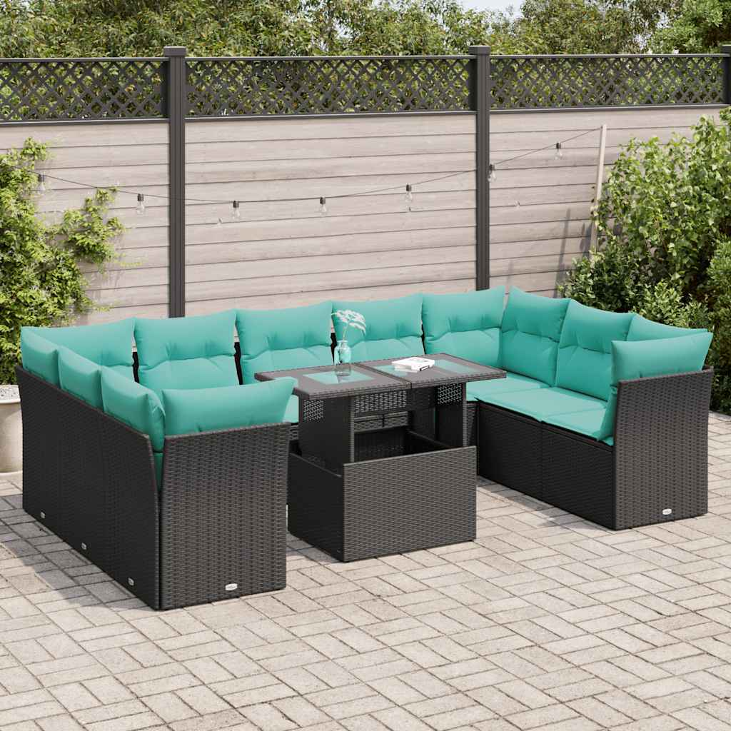 10 Pcs conjunto sofás jardim c/ almofadões vime PE/acácia preto