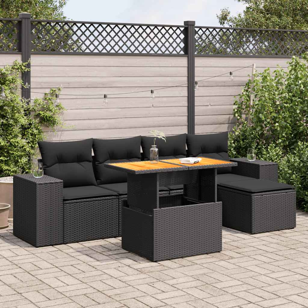 6 Pcs conjunto sofás de jardim c/ almofadões vime PE preto