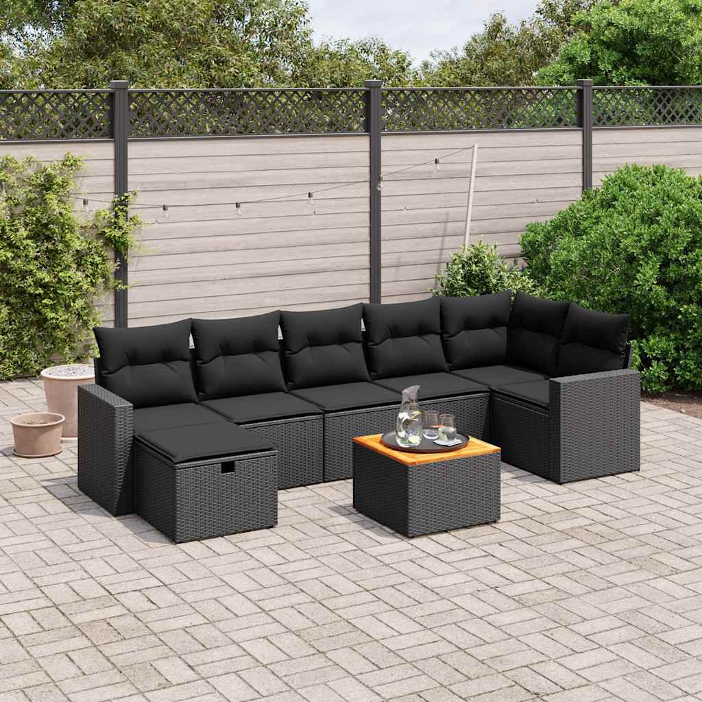 8 Pcs conjunto sofás de jardim com almofadões vime PE preto