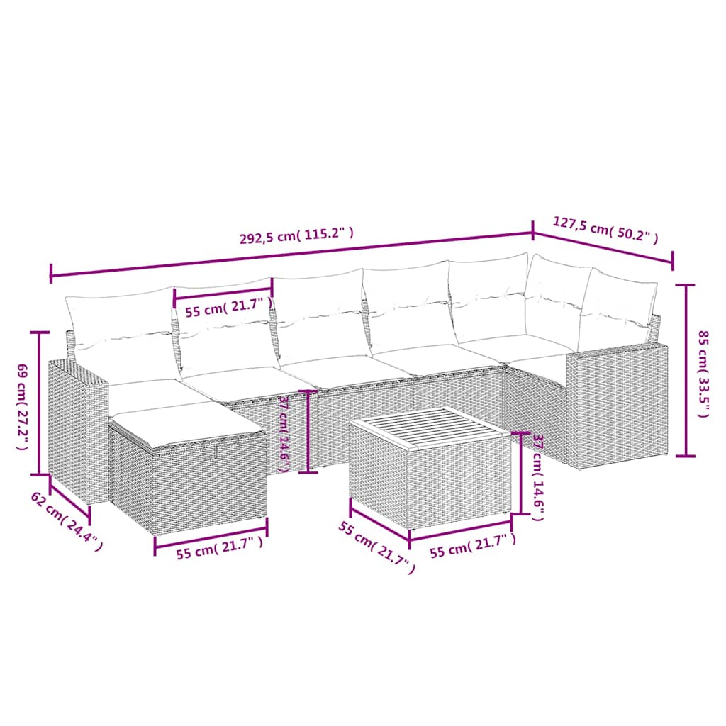 8 Pcs conjunto sofás de jardim com almofadões vime PE preto
