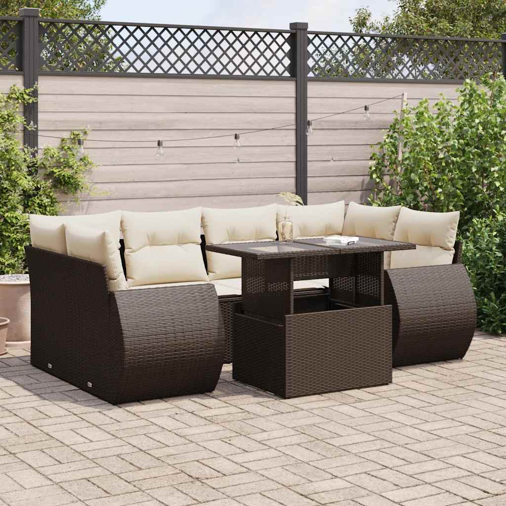 7 Pcs conjunto de sofás jardim c/ almofadões vime PE castanho