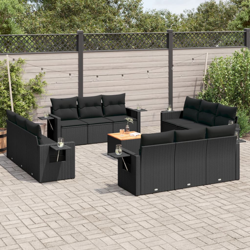 13 Pcs conjunto de sofás de jardim com almofadões vime PE preto