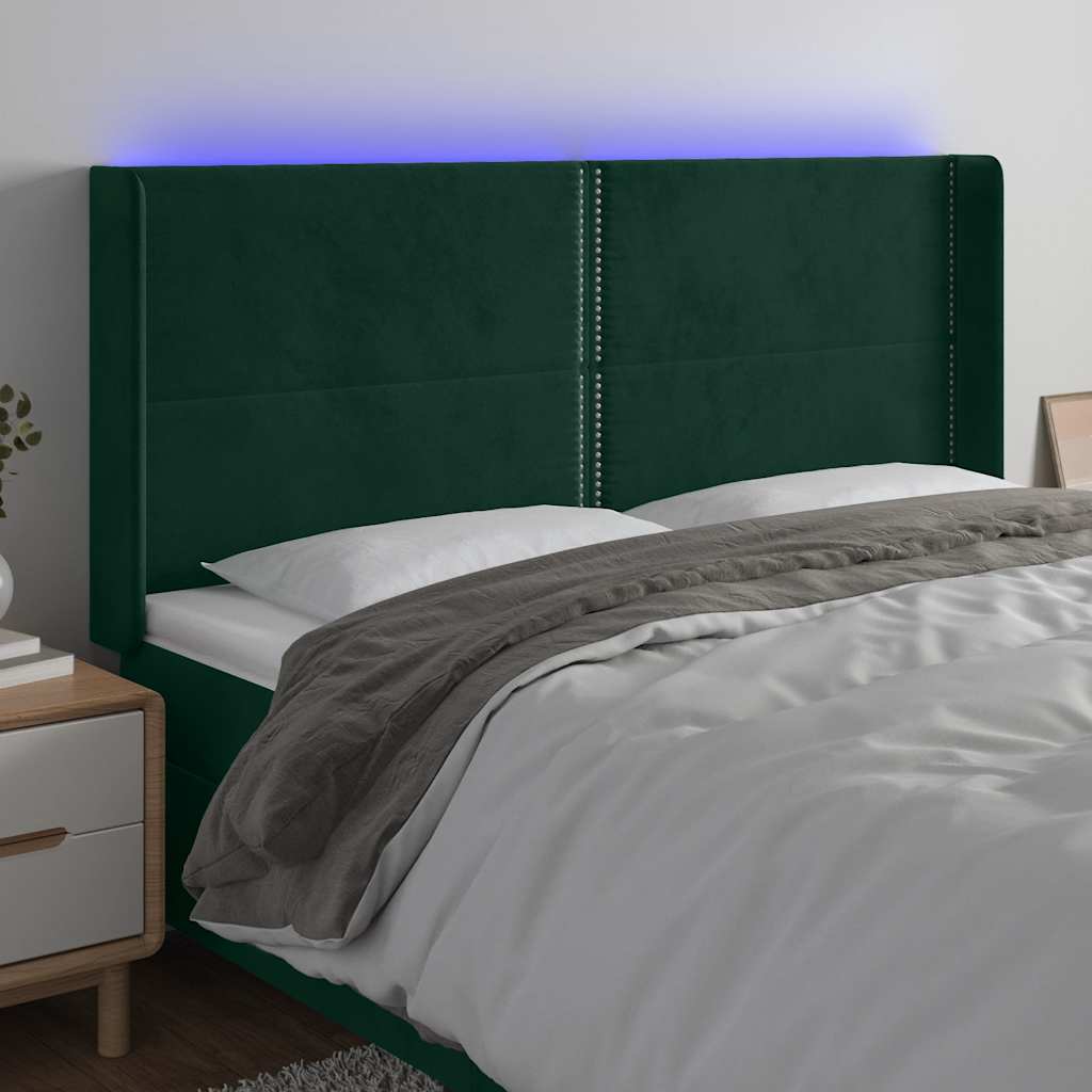 Cabeceira de cama c/ LED veludo 203x16x118/128 cm verde-escuro