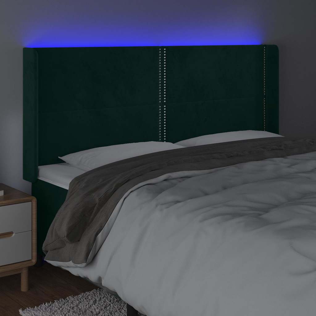 Cabeceira de cama c/ LED veludo 203x16x118/128 cm verde-escuro
